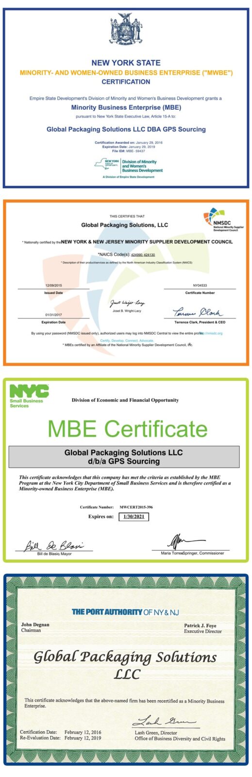 New York and New Jersey Minority Supplier Development Council Certificates