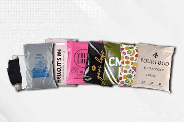 Custom printed poly mailers in various colors and designs for ecommerce shipping.