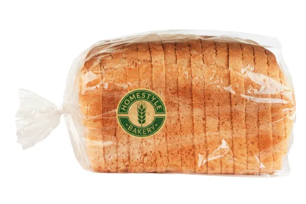 Homestyle Bakery sliced bread loaf packaged in a clear printed plastic bread bag.