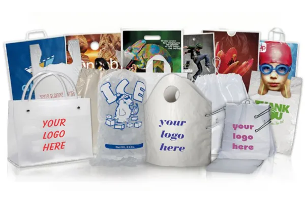 Assorted custom printed plastic bags wholesale with logo branding options.
